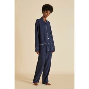 $690 Olivia von Halle Laurent Navy Blue 100% Silk Habotai Unisex Pajamas Set XS